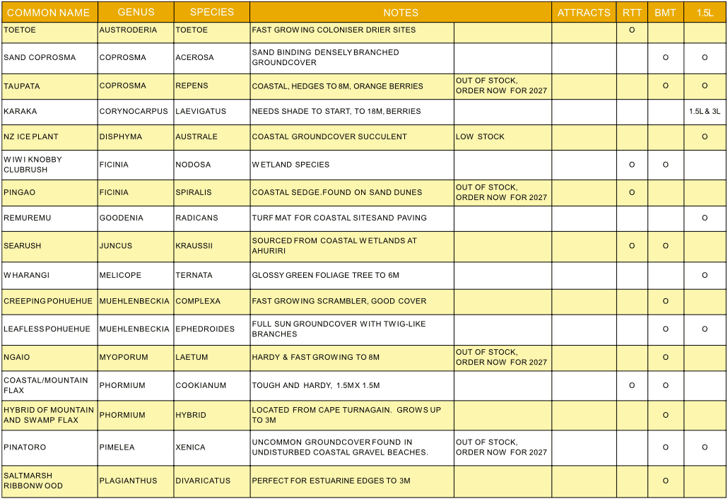 Plant Hawkes Bay coastal beach species plant list