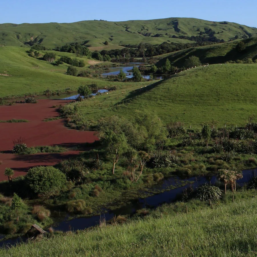Rural countryside with green hills surrounding a river and wetlands
