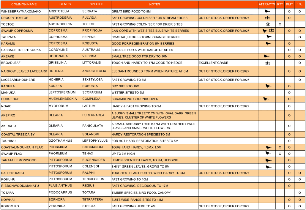 Plant Hawkes Bay restoration revegetation plant list