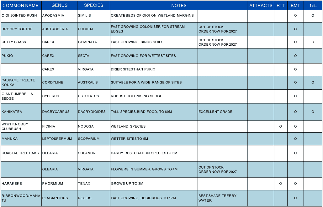 Plant Hawkes Bay wetland species plant list
